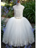 Beaded Ivory Lace Tulle Keyhole Back Flower Girl Dress